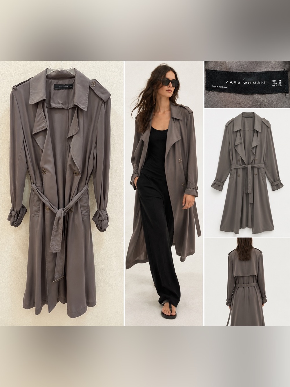Zara Woman Gray Satin Trench Coat Duster Jacket Size M NWOT
